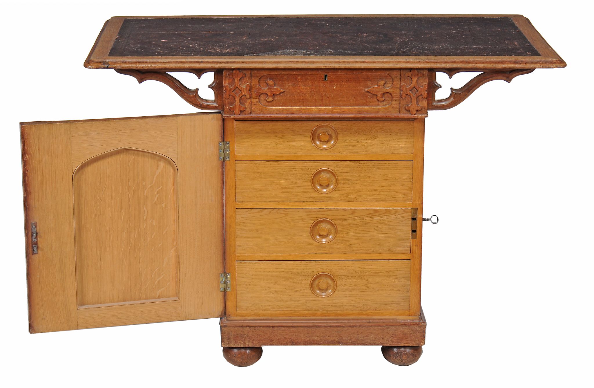 A Gothic Revival oak pedestal writing table  , circa 1880, the tooled leather inset top above a - Image 2 of 2