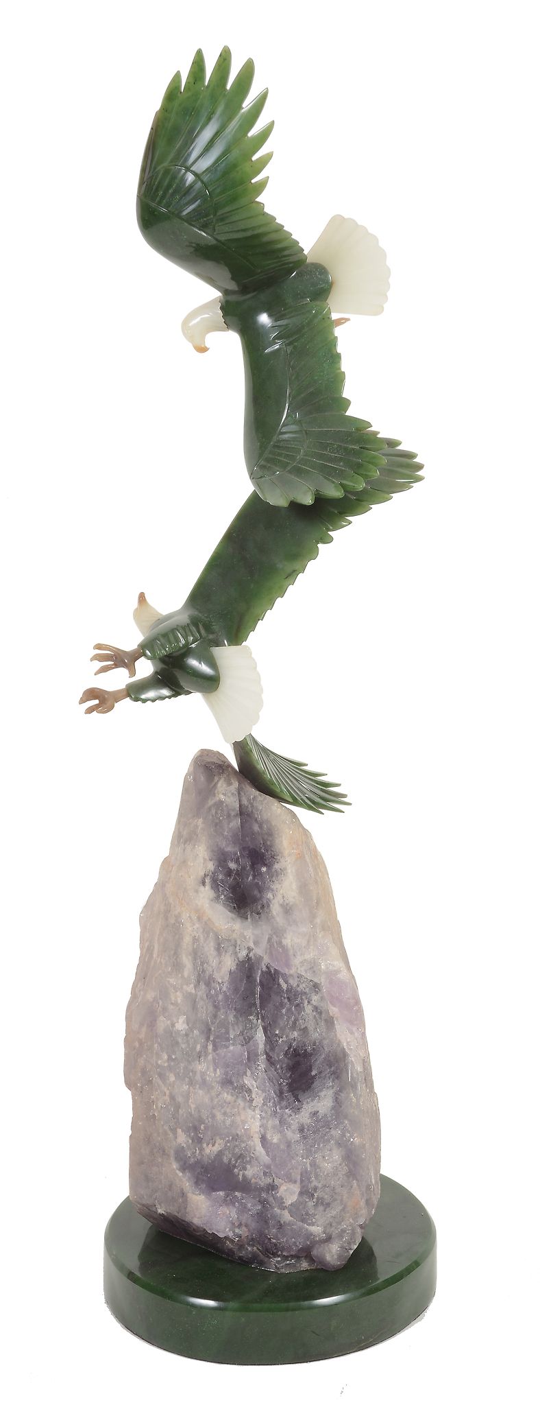 Lyle Sopel (Canadian, b. 1952), a green nephrite carving of two eagles soaring,   with other