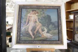 German School (20th Century) Couple with swans Oil on board  Initialled LP and dated '43 lower
