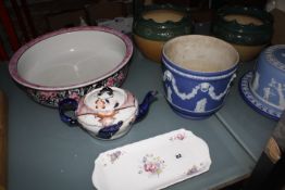 A pair of Royal Doulton stoneware jardinières, Wedgwood blue jasperware stand and cover, Coalport