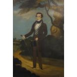 English Naive School A portrait of a gentleman, full length  Oil on board Unsigned  34.5cm x 23.5cm