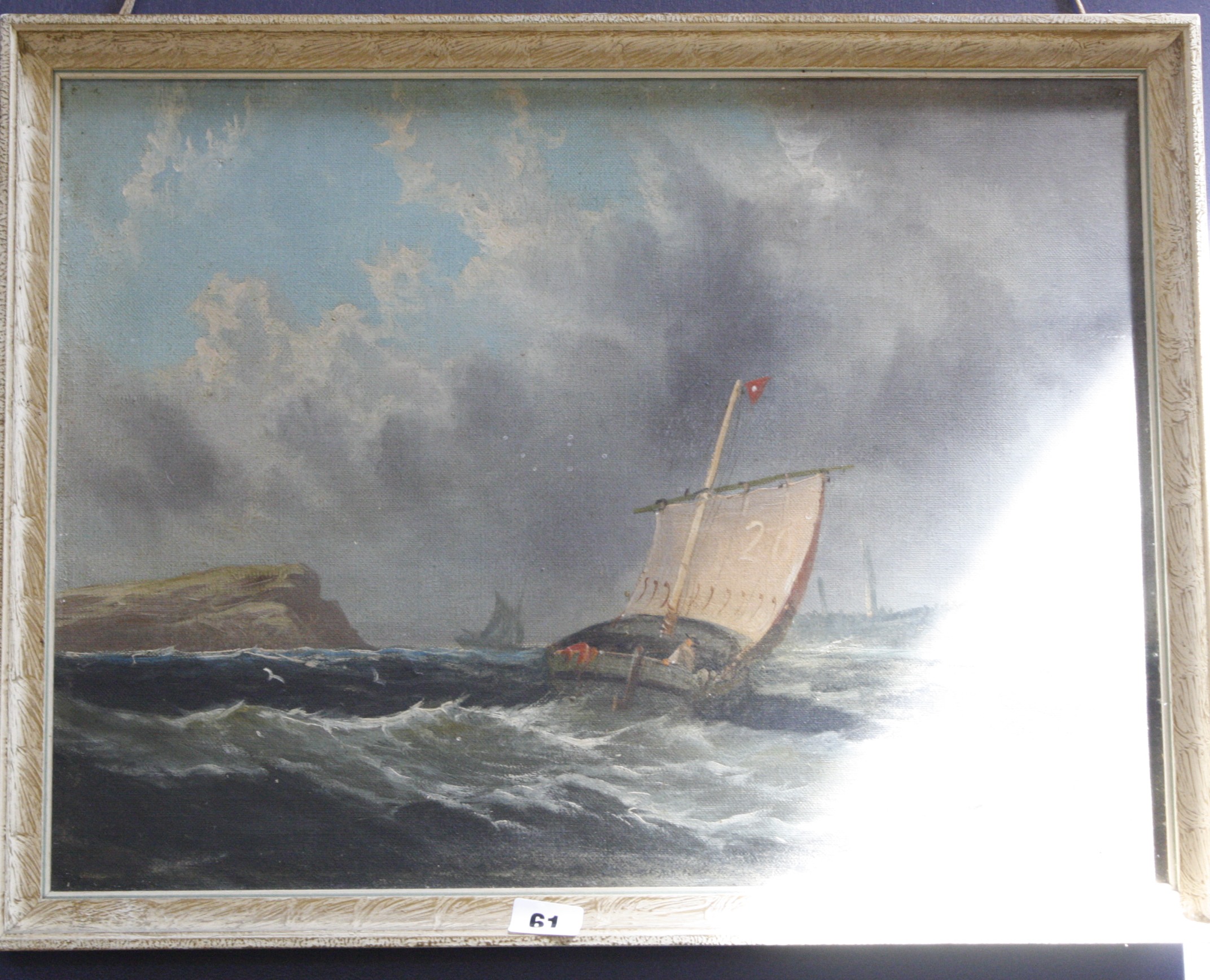 J.. Ray (19th Century School) Boats off shore Oil on canvas Signed lower right 37cm x 49.5cm