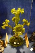 A green glass five trumpet epergne, with applied decoration, 53cm high
