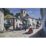 R.. Sergues (20th Century) Spanish street scene Oil on canvas  Signed lower left 62cm x 97.5cm  Best