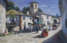 R.. Sergues (20th Century) Spanish street scene Oil on canvas  Signed lower left 62cm x 97.5cm  Best