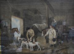 After Morland Figures, hounds and horses in a stable; Shepherd and his sheep Coloured engravings