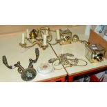 A 20th Century brass five light electrolier, a twin branch wall light and a pair of modern brass and