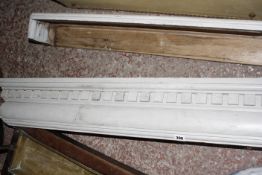 A near pair of George III style painted pelmets with dentil moulding, 152cm length, the other
