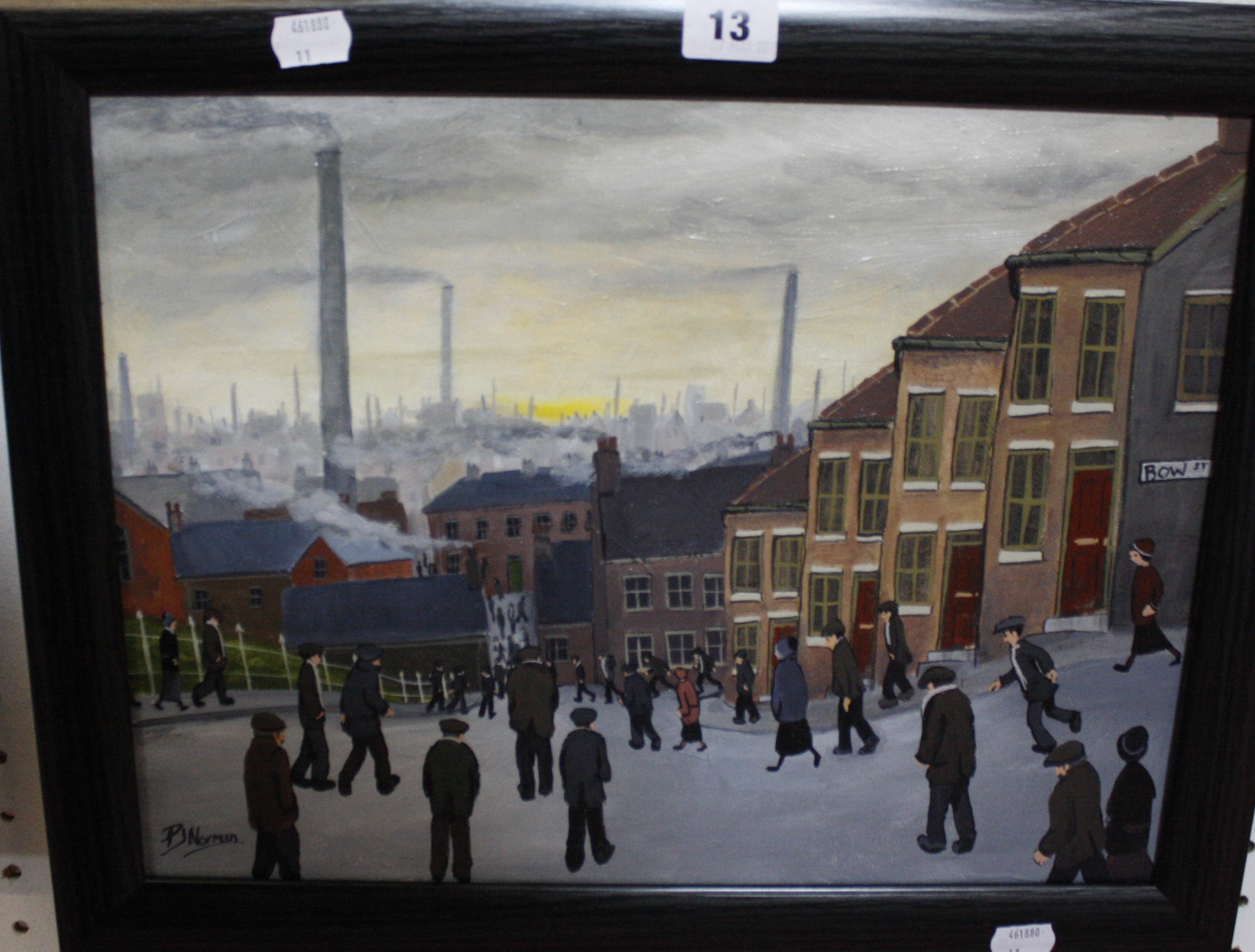 P. J. Norman (b. 1960)  Industrial town, street scene Oil on canvas Signed lower right  40cm x 30cm