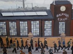 P. J. Norman (b. 1960)  'Raleigh Cycles'  Oil on canvas Signed lower right  40cm x 30cm