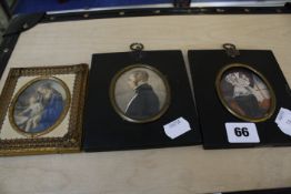 A pair of 19th Century portrait miniatures, half length portraits of male and female figures seated,