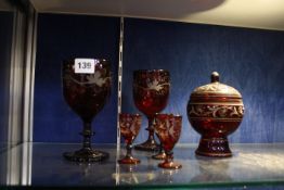 A selection of ruby-flashed glass, to include five glasses and a pot with cover (6)