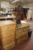 A pine chest, narrow pine chest, oak coffer, cake stand and an office swivel chair.