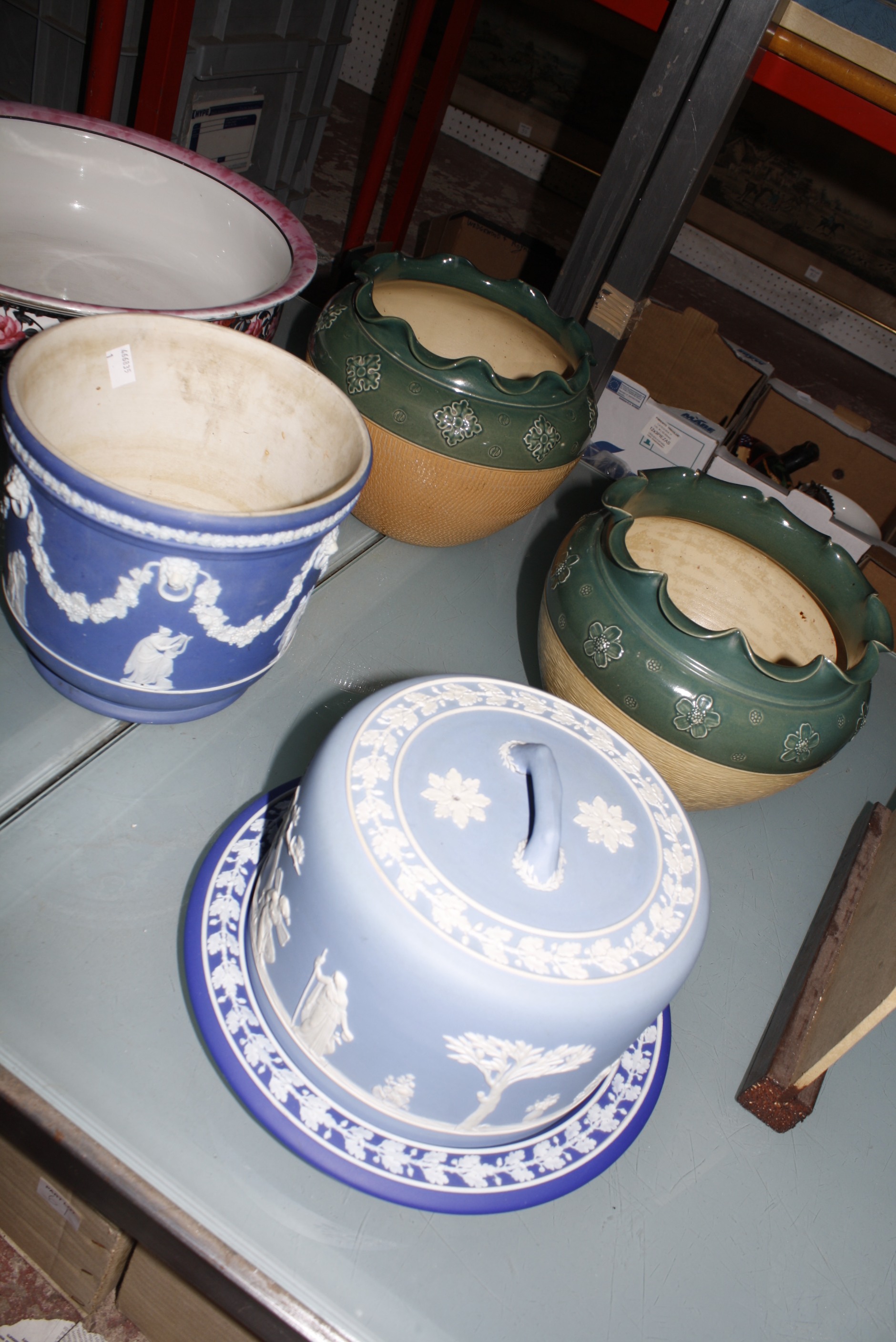 A pair of Royal Doulton stoneware jardinières, Wedgwood blue jasperware stand and cover, Coalport - Image 2 of 2