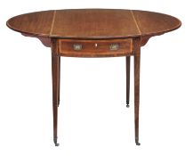 A George III mahogany pembroke table, circa 1800, with an oval crossbanded top and two frieze