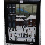 P. J. Norman (b. 1960)  Industrial town, bus stop in snow  Oil on canvas Signed lower right  40cm