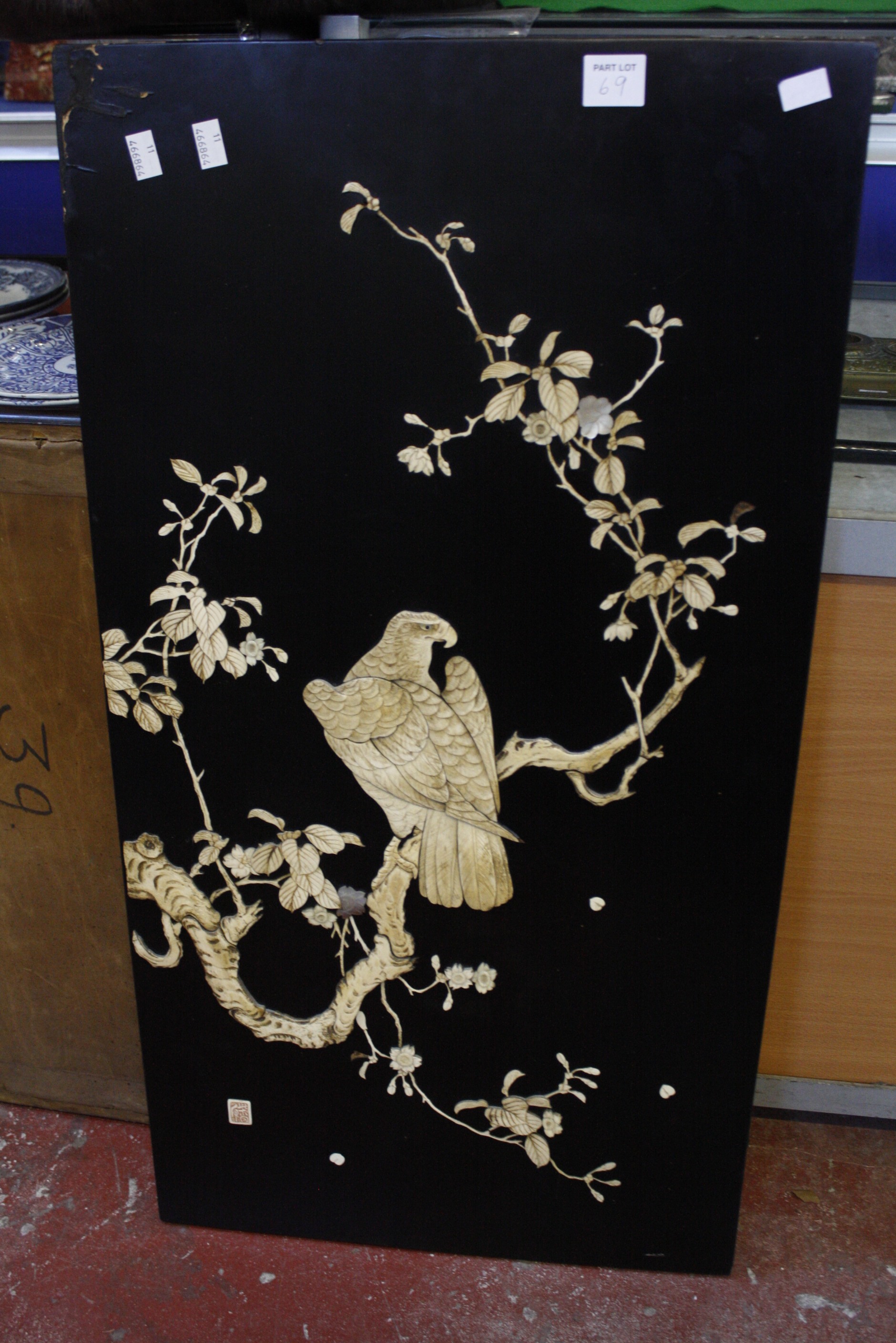 A pair of Japanese lacquer and bone relief carved panels (2)  Best Bid - Image 2 of 2