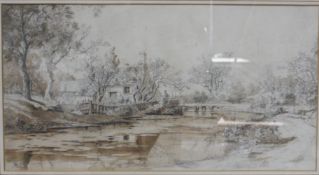 English 20th Century School River with cottage Pencil and wash Initialled AB lower left 22cm x 43cm;