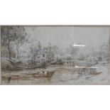 English 20th Century School River with cottage Pencil and wash Initialled AB lower left 22cm x 43cm;