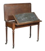 A George IV mahogany library table, circa 1825, hinged top opening to a ratchet adjustable writing