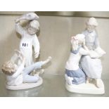 Four NAO figure groups to include two ballerina figures, a group of two boys having a pillow fight