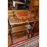 A floor standing bookcase, desk top book trough, lamp table, cabinet, library steps and bookcase.