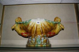 Two majolica centrepieces in the 19th century style, 27cm high x 55cm wide (2)