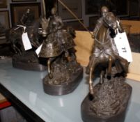 Three modern bronze effect figures of Medieval Knights on horseback, 27cm high approx.