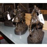 Three modern bronze effect figures of Medieval Knights on horseback, 27cm high approx.