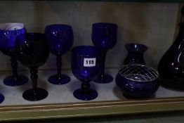 A quantity of English blue glass, to include decanters, wine glasses etc