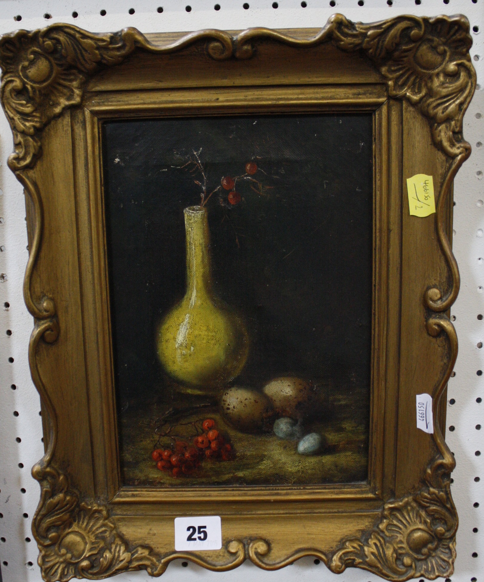 19th Century School Still life of a yellow vase, bird's eggs and berries Oil on canvas Unsigned