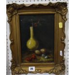 19th Century School Still life of a yellow vase, bird's eggs and berries Oil on canvas Unsigned