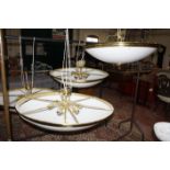 Eight domed brass and opaline shade ceiling lights, 94cm diam. Sold as parts.