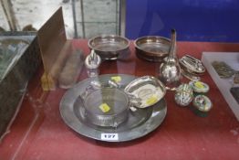 A quantity of silver and silver plate to include a mid 20th Century silver pierced coaster with