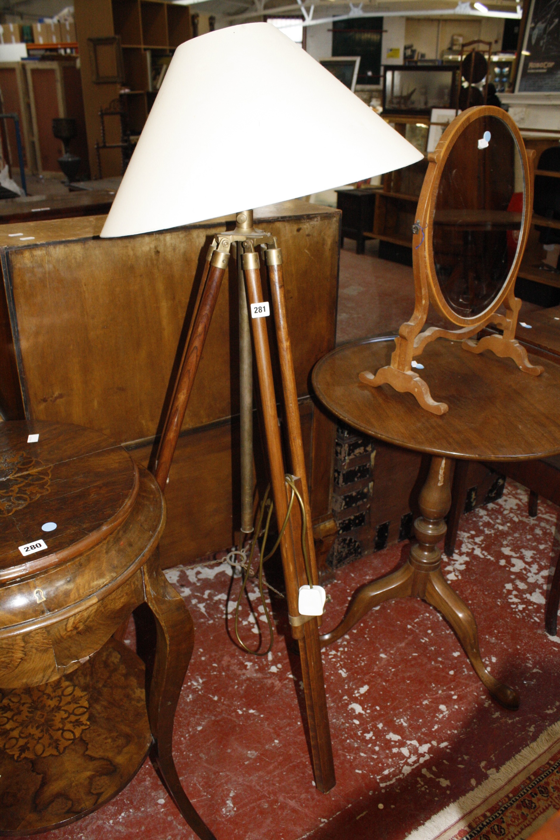 Modern stained wooden tripod converted to a  standard lamp. (sold as parts).