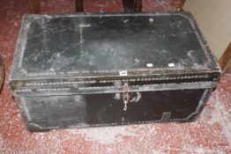 A 19th Century camphor wood chest 42cm high, 91cm wide , a velum trunk together with a further trunk