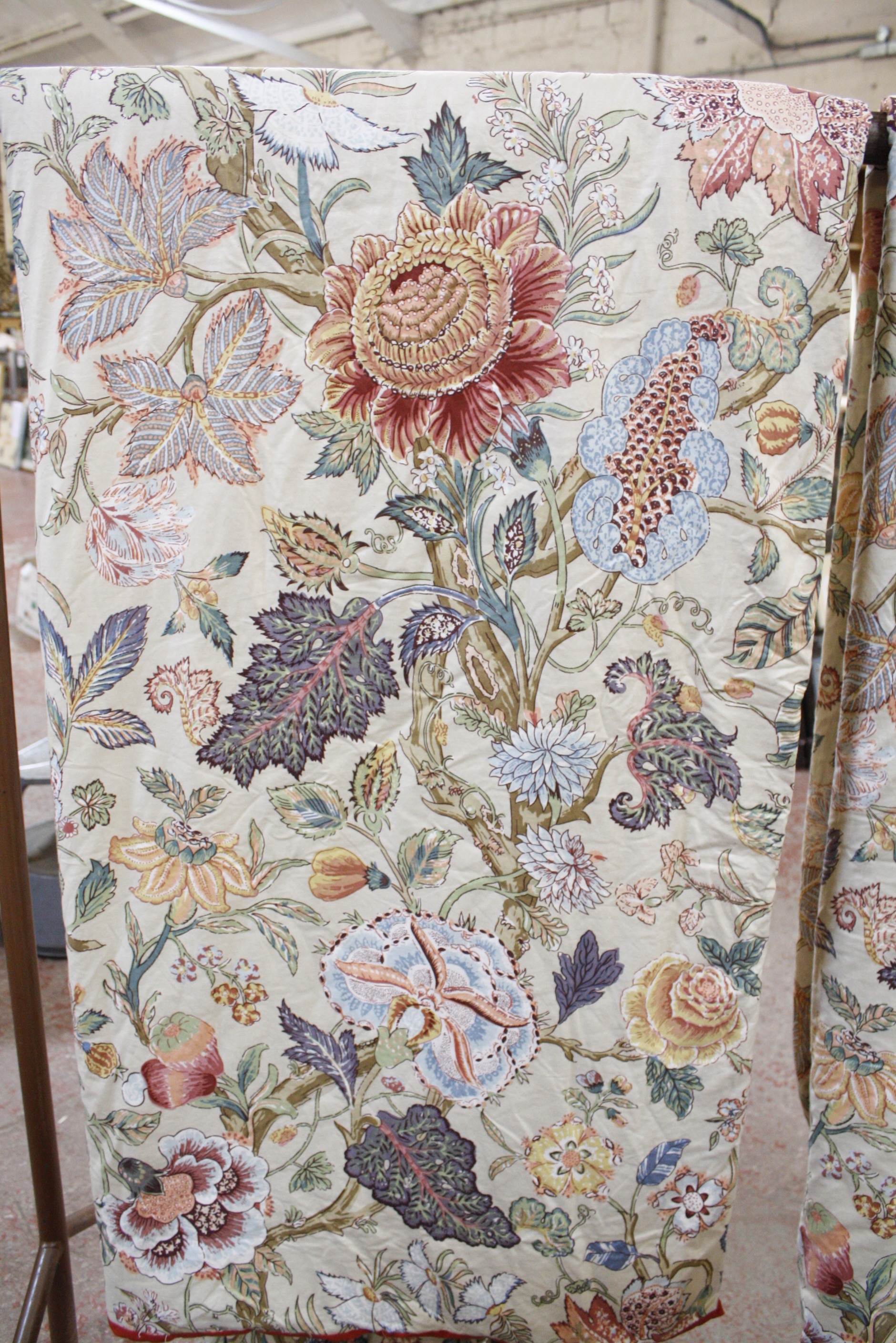 A pair of printed chintz cotton curtains approx. drop 260cm