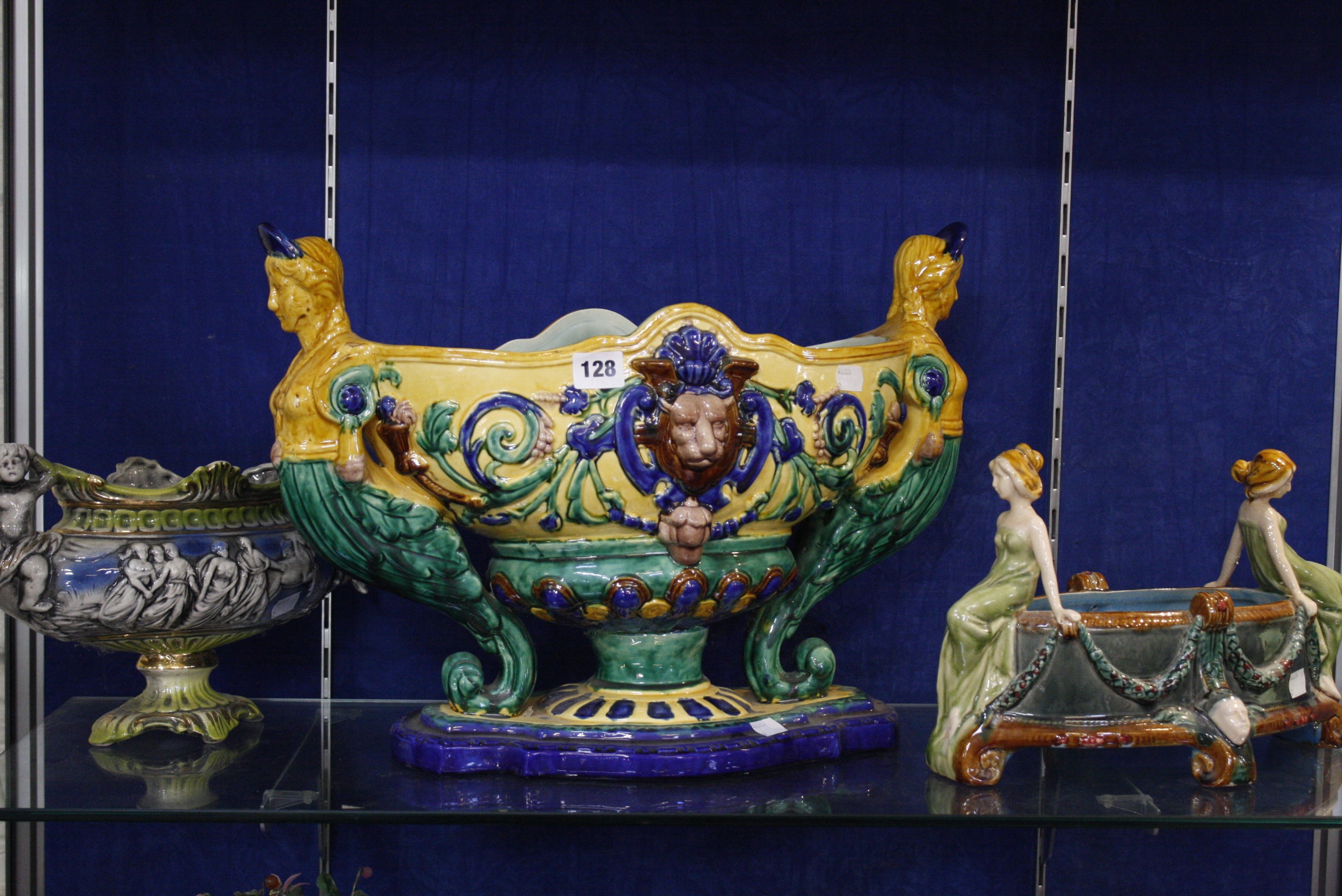 A modern Majolica centrepiece and two others (3)