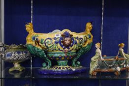 A modern Majolica centrepiece and two others (3)