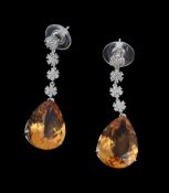 A pair of 18 carat gold citrine and diamond ear pendents  A pair of 18 carat gold citrine and