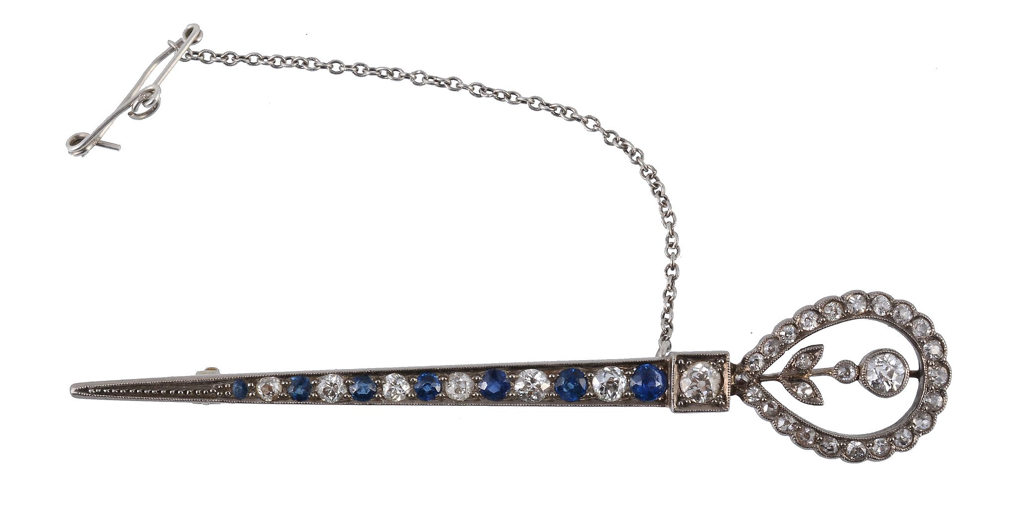 A sapphire and diamond brooch, the horse shoe nail style bar set with...  A sapphire and diamond