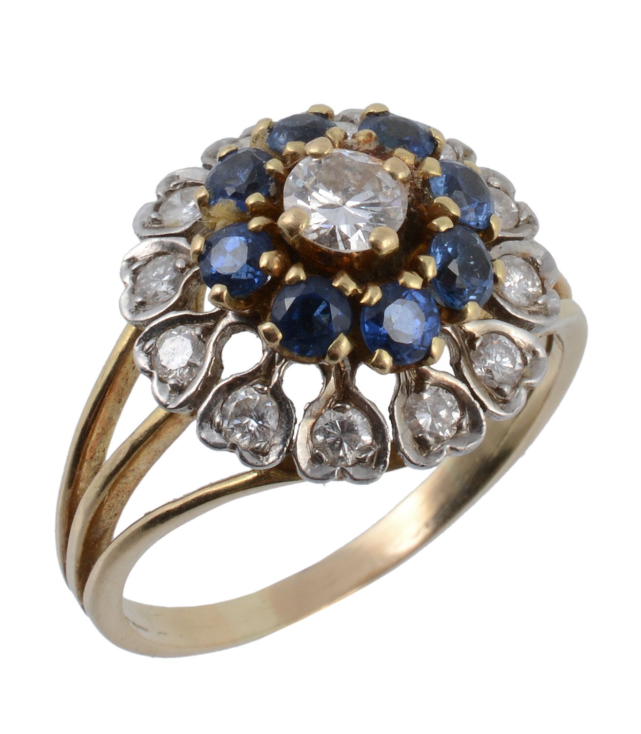 A sapphire and diamond cluster ring, the central brilliant cut diamond claw...  A sapphire and