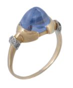 A sapphire and diamond ring, the central sugar loaf cabochon sapphires...  A sapphire and diamond