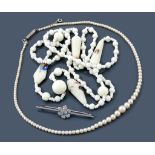 A cultured pearl necklace with diamond set clasp , circa 1920  A cultured pearl necklace with