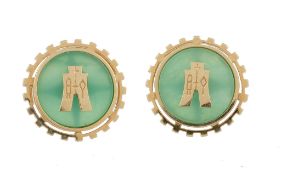 A pair of jadeite cufflinks , the circular jadeite panels with a central...  A pair of jadeite