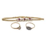 A ruby and diamond bracelet, the three ruby and diamond clusters with...  A ruby and diamond