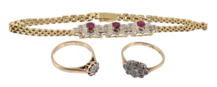 A ruby and diamond bracelet, the three ruby and diamond clusters with...  A ruby and diamond