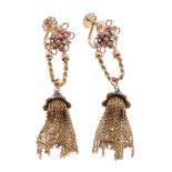 A pair of ruby, diamond and enamel tassel ear pendents  A pair of ruby, diamond and enamel tassel