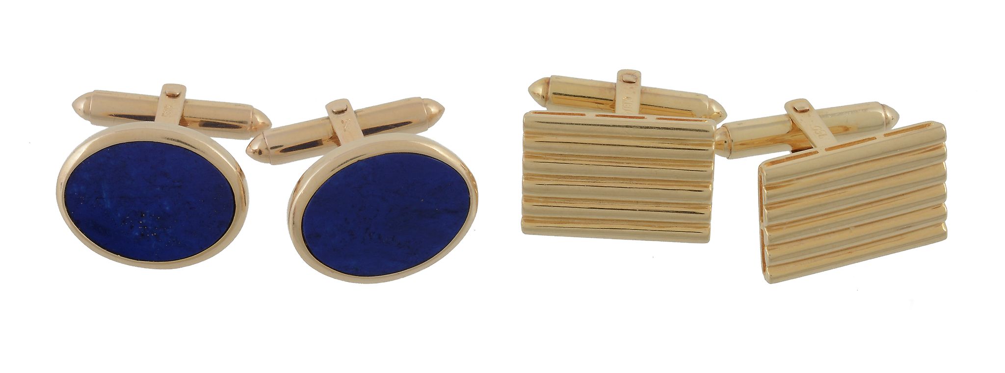 A pair of gold coloured cufflinks, the rectangular ridged panels with t bar...  A pair of gold