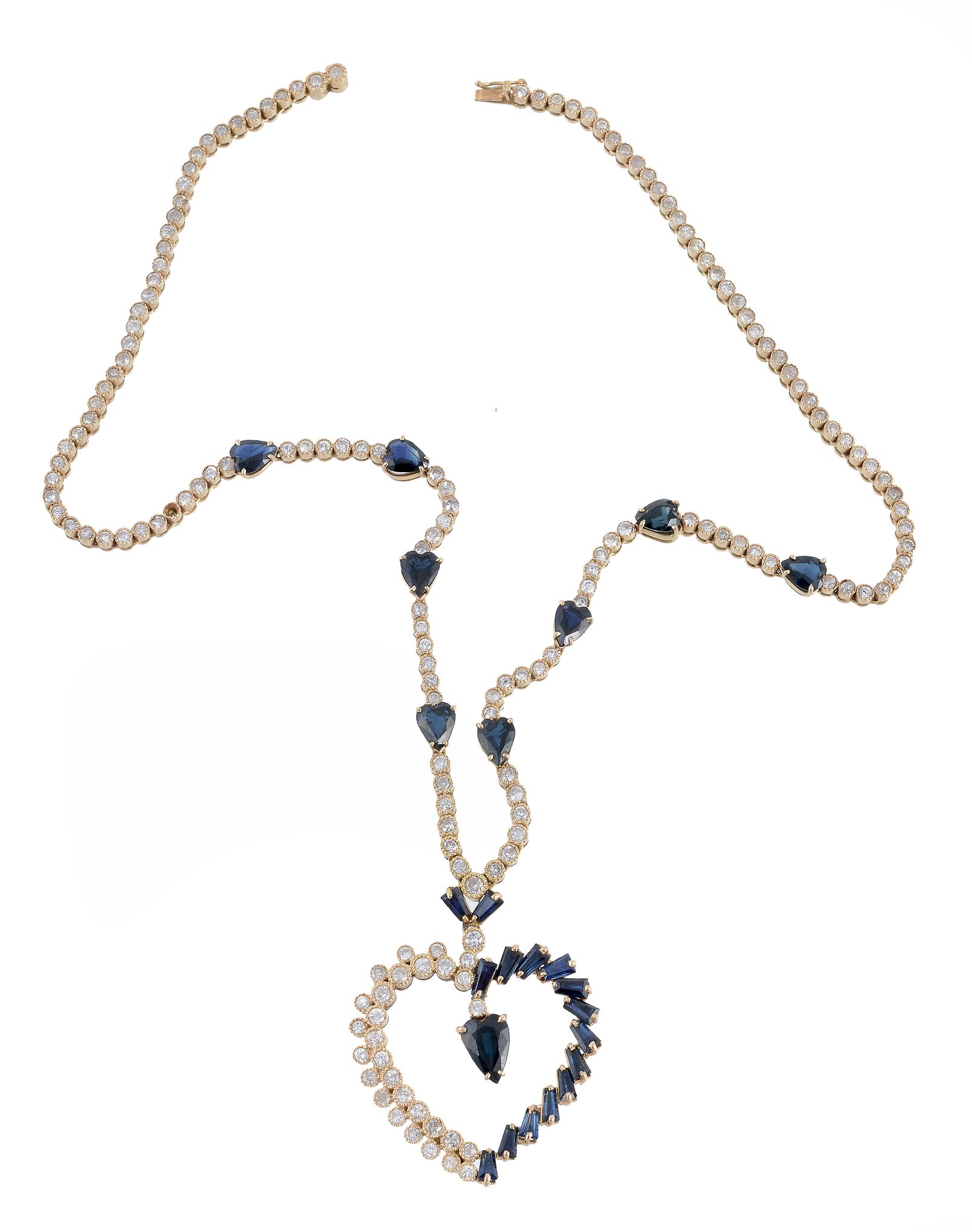 A sapphire and diamond pendant necklace, the heart shaped pendant set with...  A sapphire and